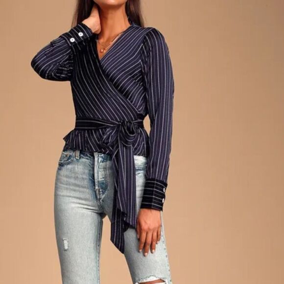 LULUS womens Dorey Navy Blue Striped Satin Long Sleeve Wrap Top - Picture 1 of 8